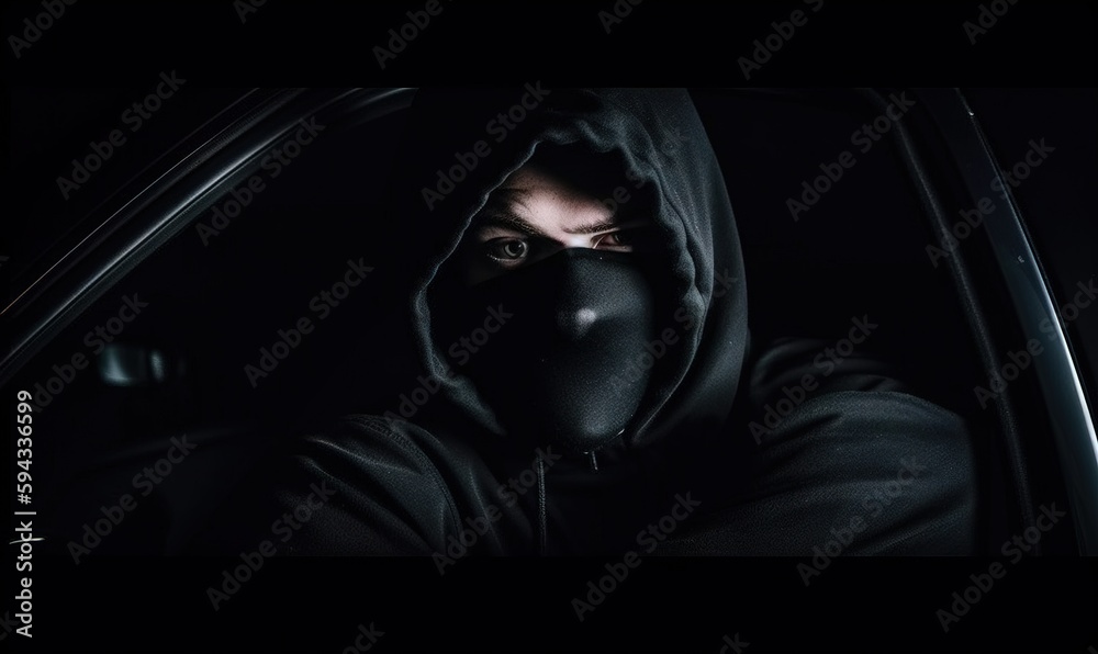  a man in a black hoodie wearing a black face mask in a dark room with a car door open and a black h