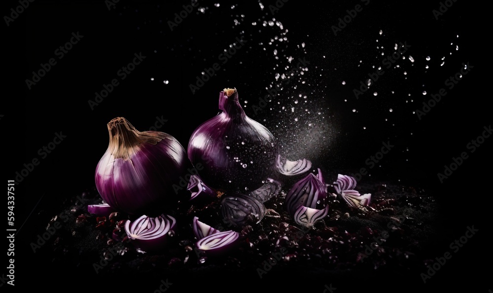  a couple of onions sitting on top of a pile of dirt next to each other on a black background with d