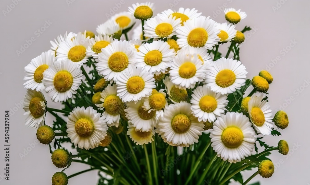  a vase filled with lots of white and yellow flowers on top of a white tablecloth covered tablecloth