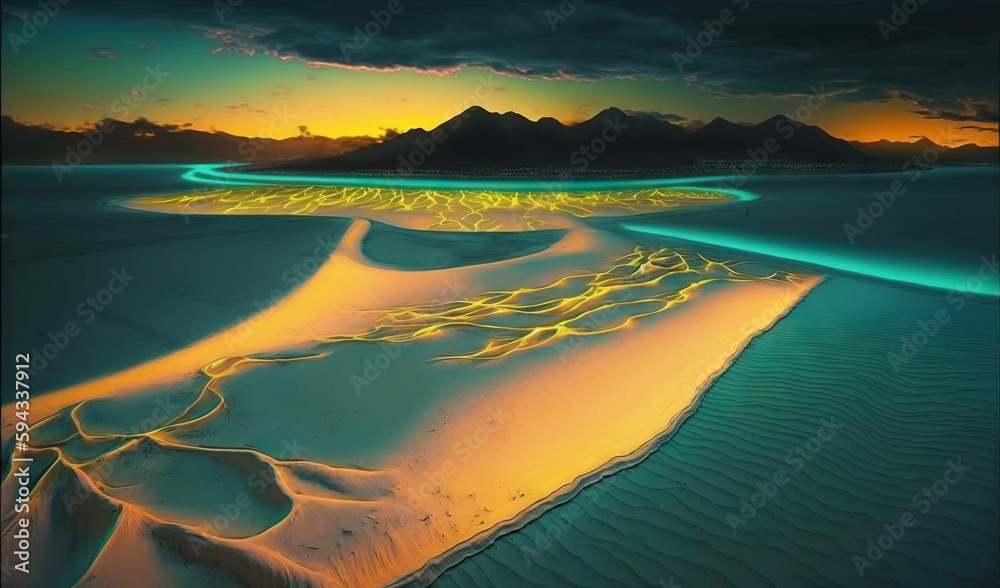  a desert landscape with sand dunes and mountains in the background at sunset with green and yellow 