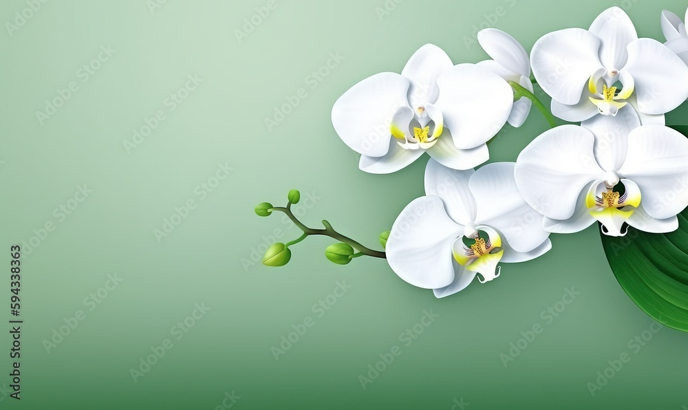  a bunch of white flowers with green leaves on a light green background with space for a text or a l