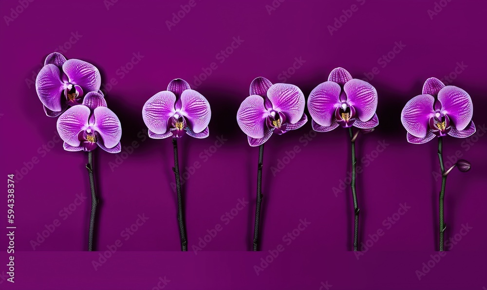  a row of purple orchids on a purple background with a black stem in the middle of the row is a sing