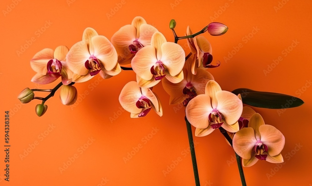  a bunch of flowers that are sitting on a orange surface with a green leafy stem on the end of the s