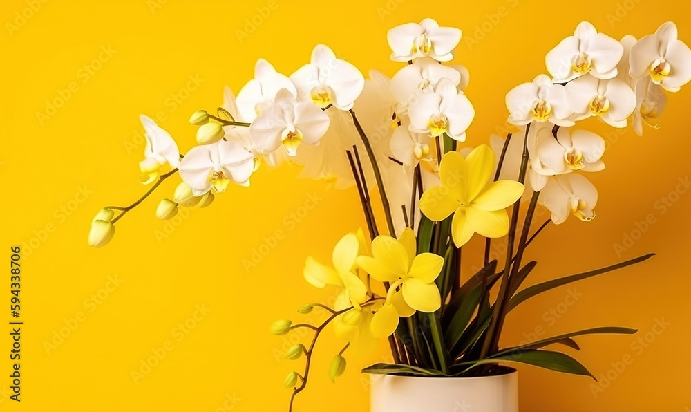  a white vase filled with yellow and white flowers on a table next to a yellow wall and a yellow wal