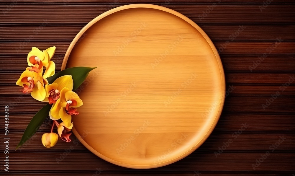  a wooden oval plate with yellow flowers on a wooden background with a place for a text or a picture