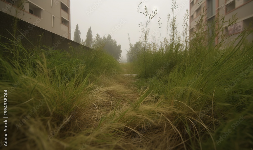  a foggy day in a city with tall grass and tall buildings in the background and a dirt path in the f