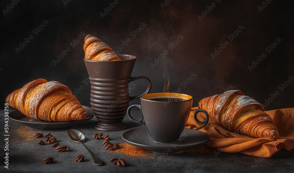  a cup of coffee and some croissants on a plate with a spoon and a cup of coffee on a plate with a s