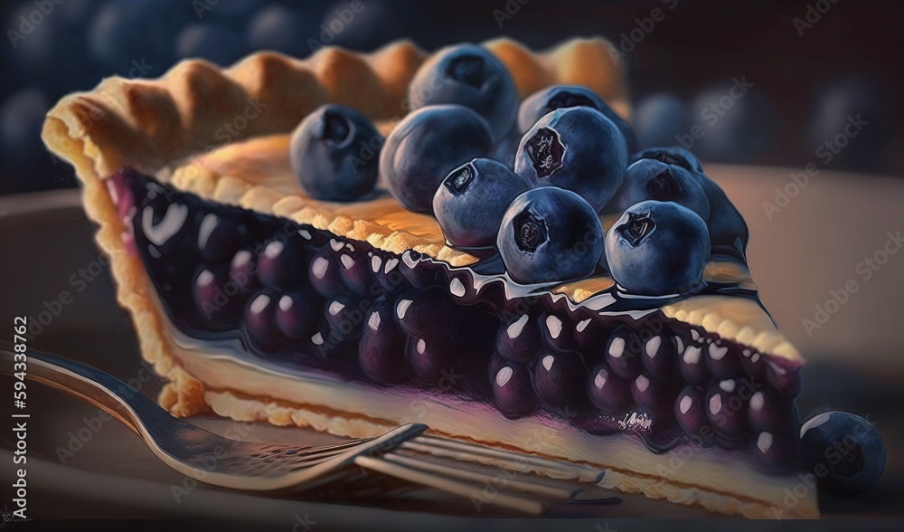  a painting of a piece of pie with blueberries on top and a fork on the side of the pie, on a plate 