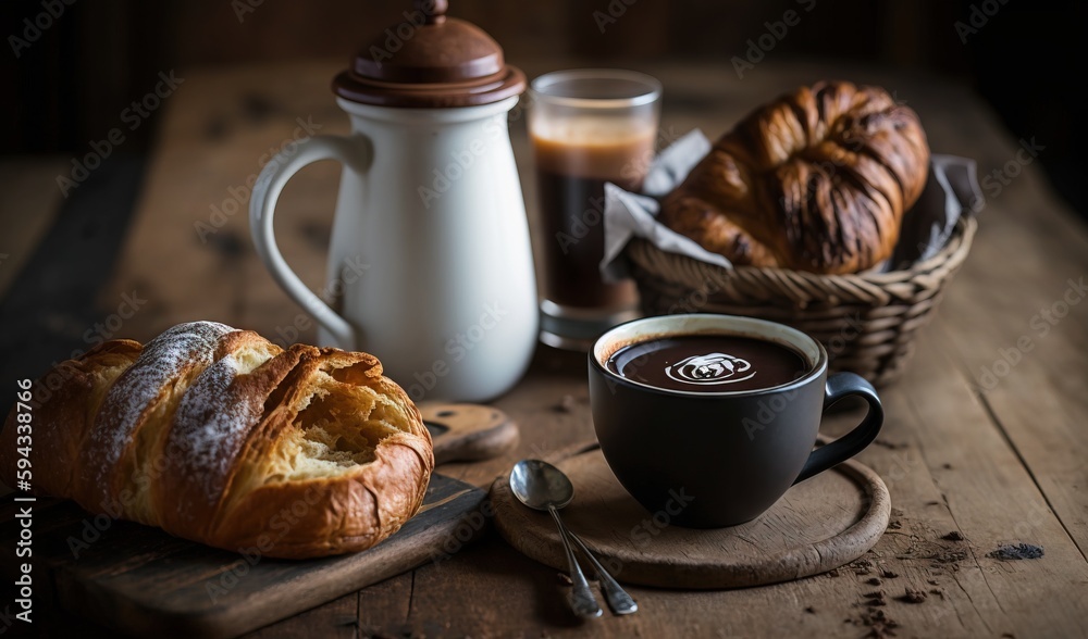  a table topped with a cup of coffee next to a loaf of bread and a croissant on a cutting board next