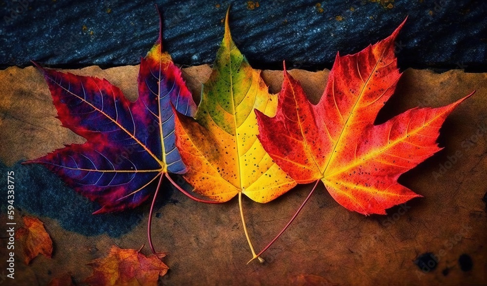  three autumn leaves laying on a piece of paper on the ground with water droplets on the leaves and 