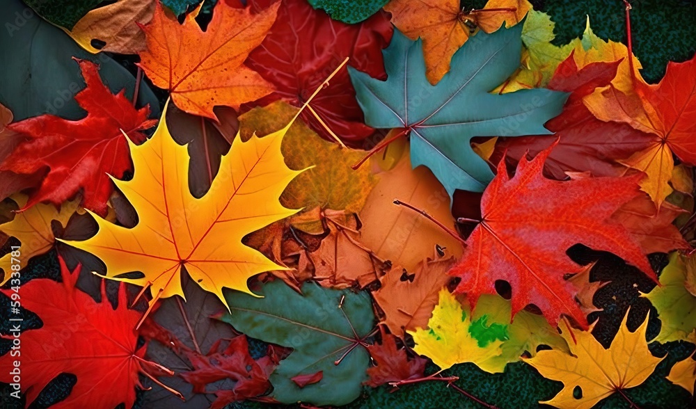  a group of colorful leaves laying on top of a green ground next to a green grass covered ground wit