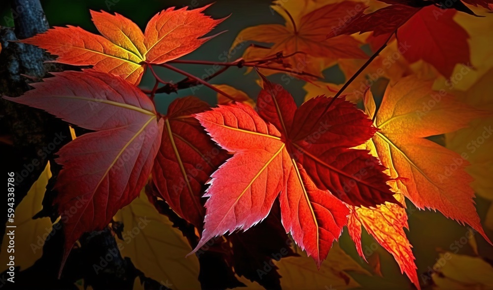  a close up of a tree with red and yellow leaves on its branches and a blurry background of the lea