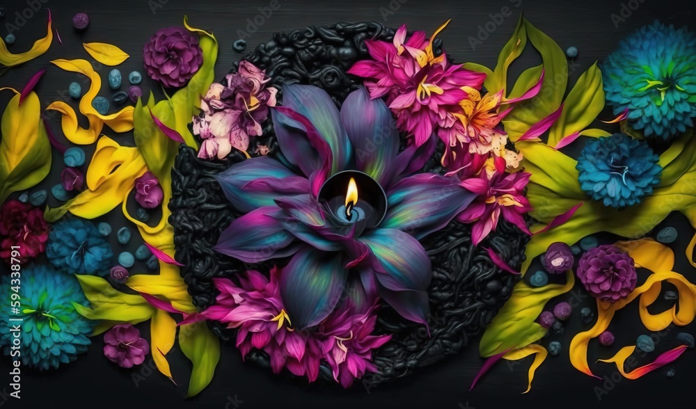  a painting of flowers and leaves on a black background with a candle in the center of the picture a