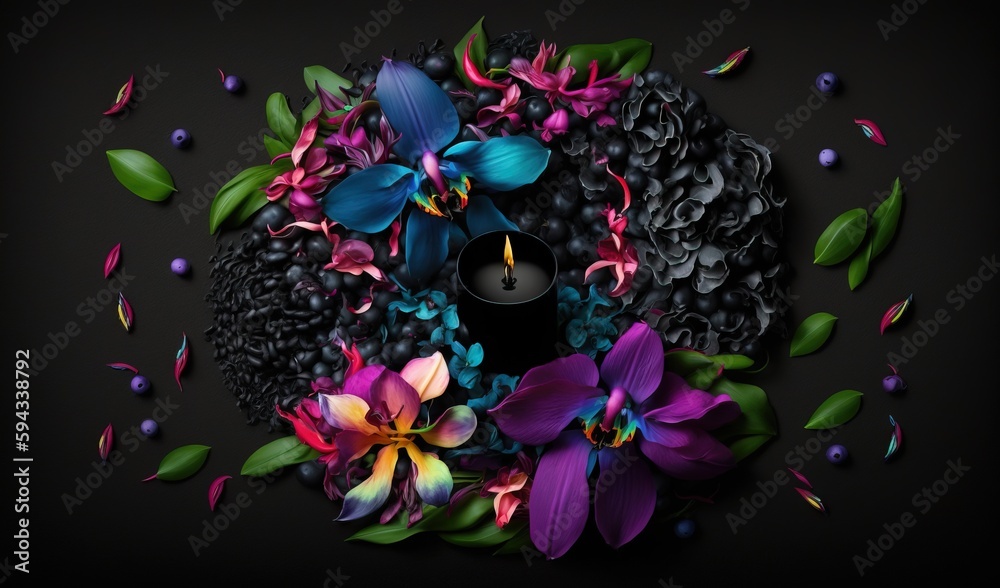  a candle surrounded by flowers and leaves on a black background with a candle in the middle of the 