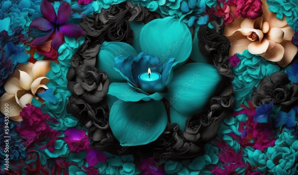  a blue flower with a candle in the middle of it surrounded by other flowers and leaves on a black b