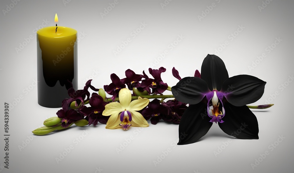  a candle and some flowers on a white surface with a gray background and a yellow candle in the midd