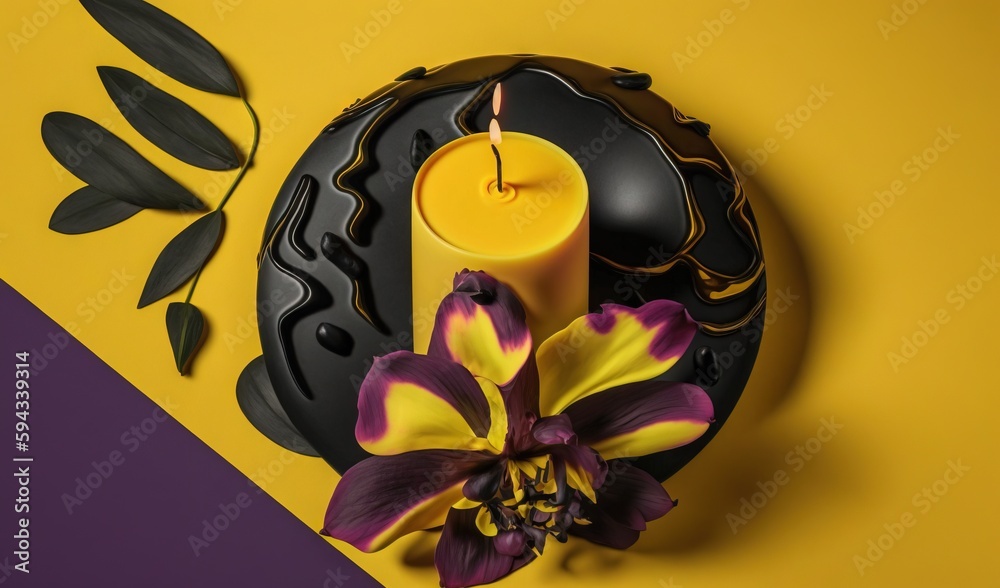  a candle and some flowers on a yellow and purple background with a purple and yellow background and