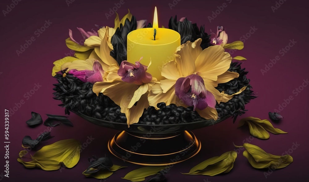  a candle is lit in a bowl of flowers and leaves on a purple background with leaves scattered around