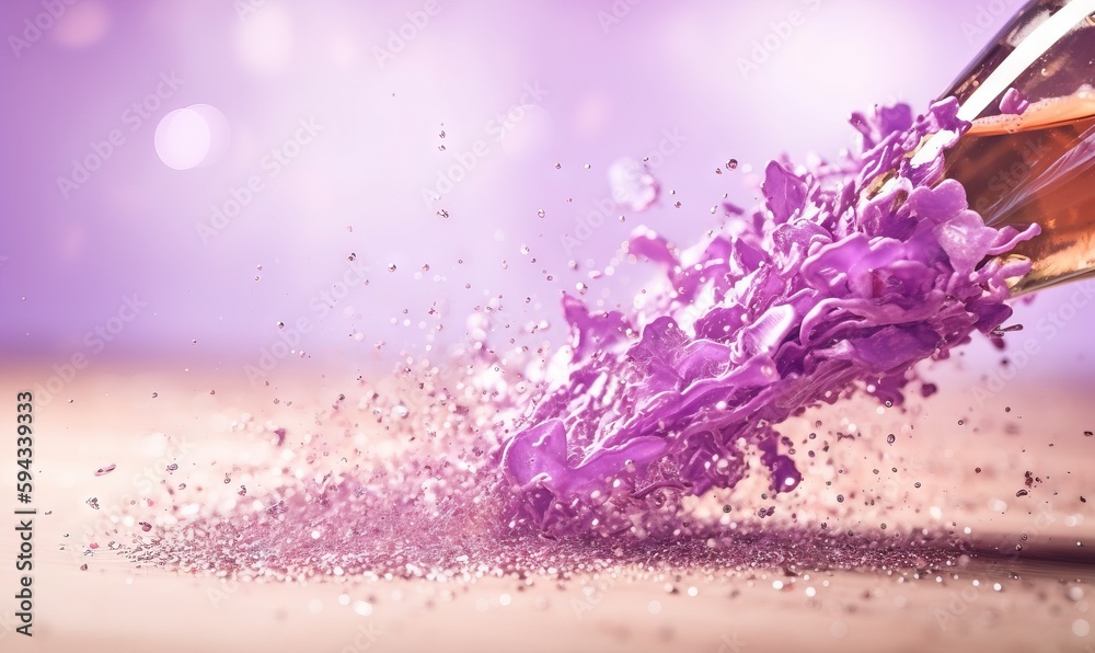  a bottle of wine being poured into a pile of purple liquid with a purple background and boke of lig