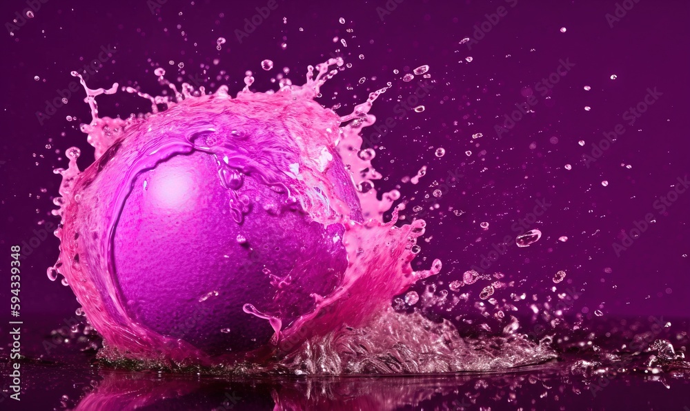  a purple ball is splashing in the water on a purple background with a reflection of the water and t