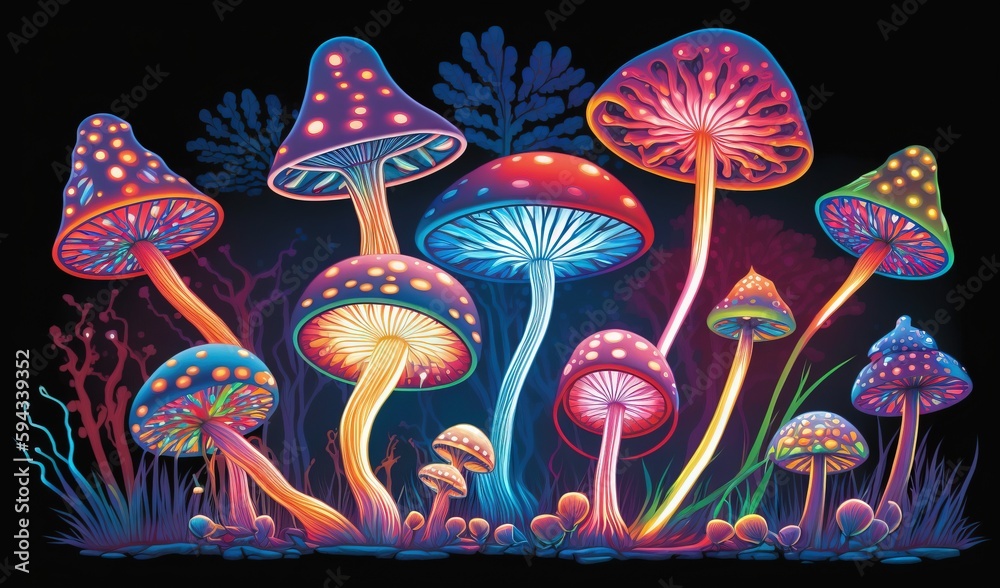  a painting of a group of mushrooms in a field of grass and plants with bright colors on the tops of