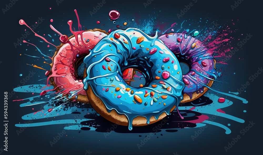  a donut with sprinkles and blue icing on a black background with a splash of pink and blue on the t