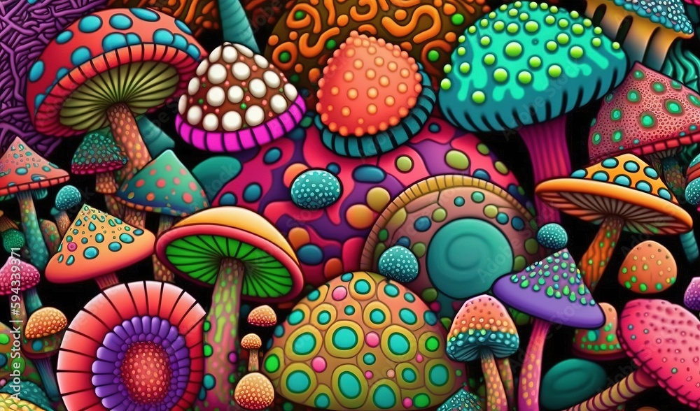  a painting of many different colored mushrooms and mushrooms on a black background, with a purple b