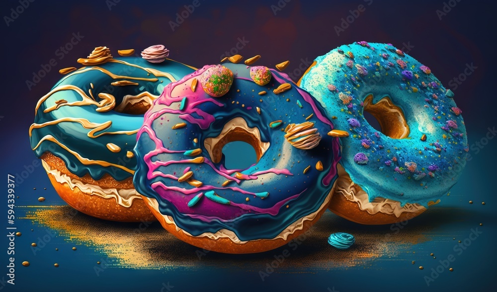  a group of three donuts sitting on top of each other on a blue surface with sprinkles on them and a