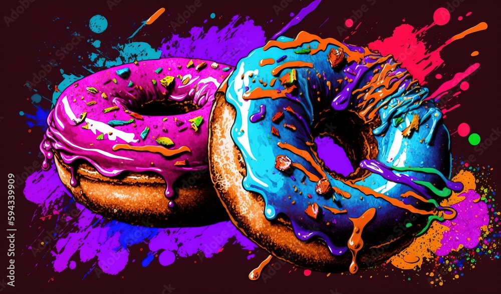  two donuts with sprinkles on a purple background with a splash of paint on the bottom of the donut 