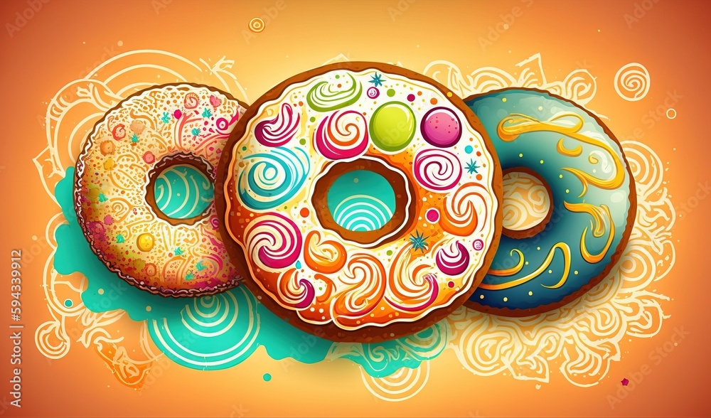  a group of three donuts sitting next to each other on top of a yellow background with swirls and st