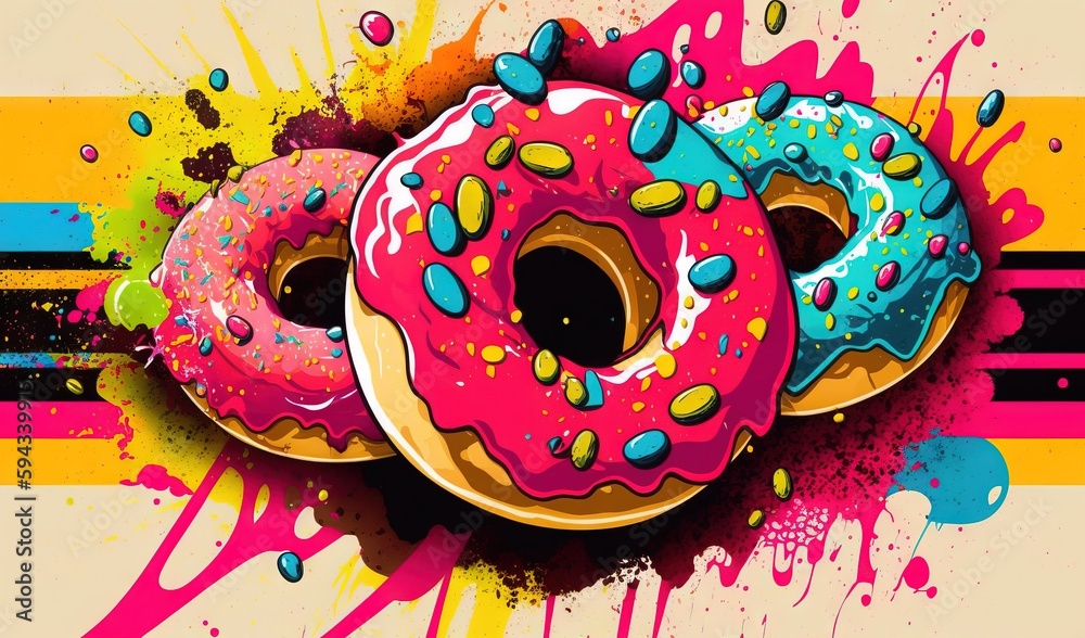  two donuts with sprinkles on a multicolored background with paint splatters and splatters on the si