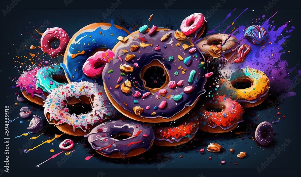  a pile of donuts with sprinkles and colored sprinkles on a black background with a blue background 