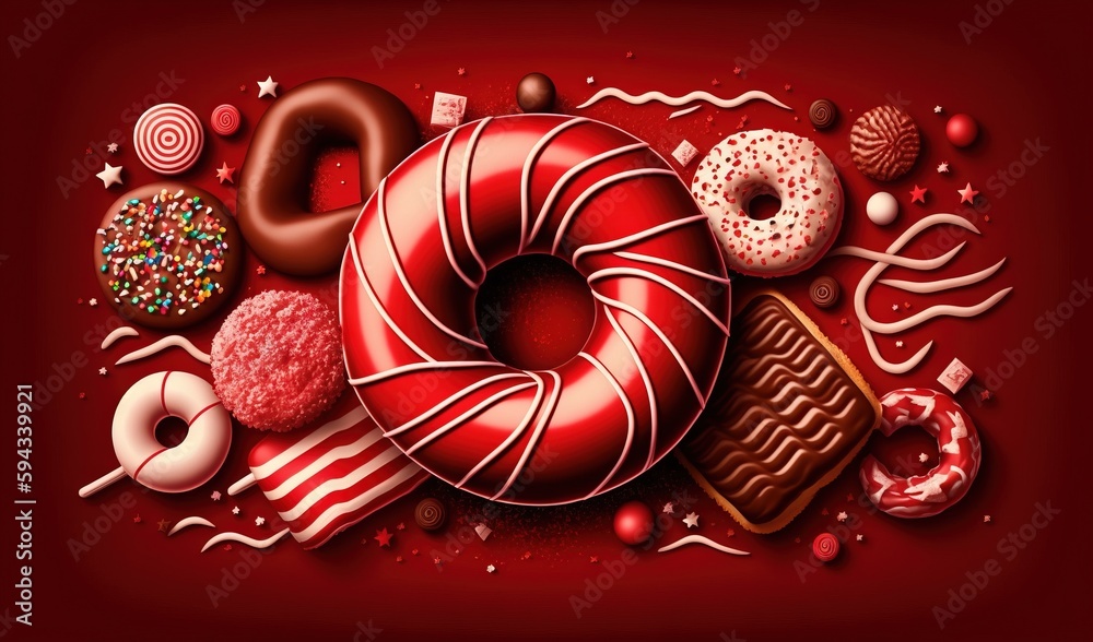  a red background with donuts, candy, and other items on it, including a candy cane, lollipops, and 