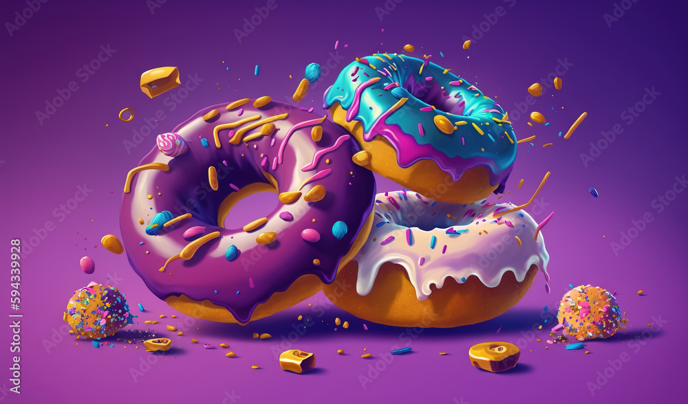  a couple of doughnuts that are on a purple surface with sprinkles and confetti on the ground around