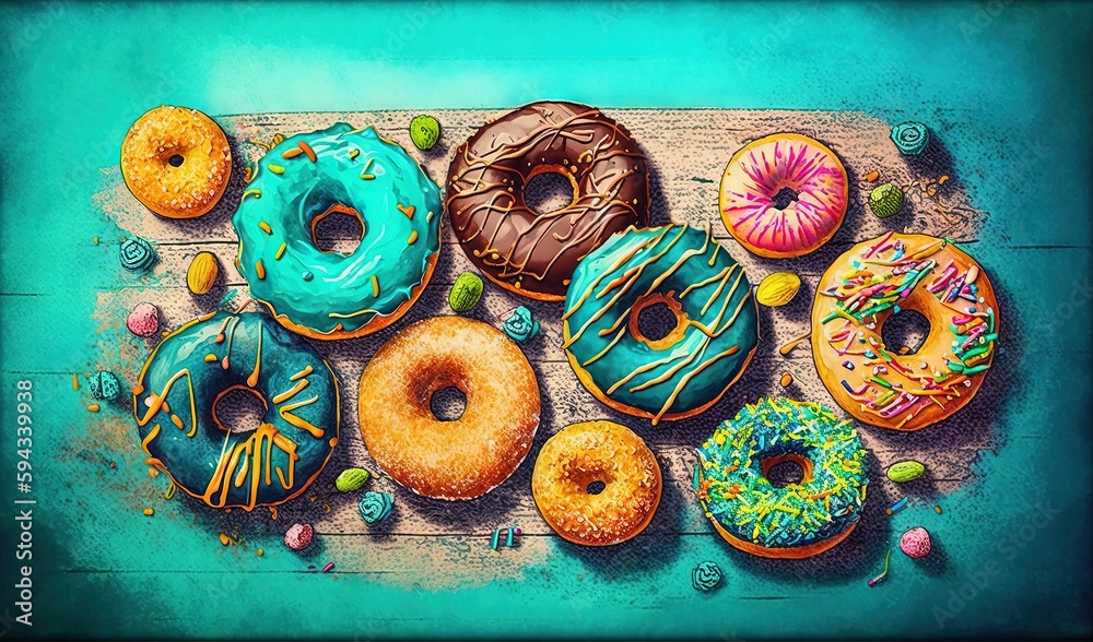  a painting of a variety of donuts on a wooden table with sprinkles and candies around them on a blu