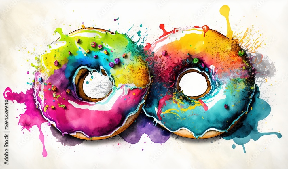  a painting of two donuts with splatters of paint on them and one has a bite taken out of one of the