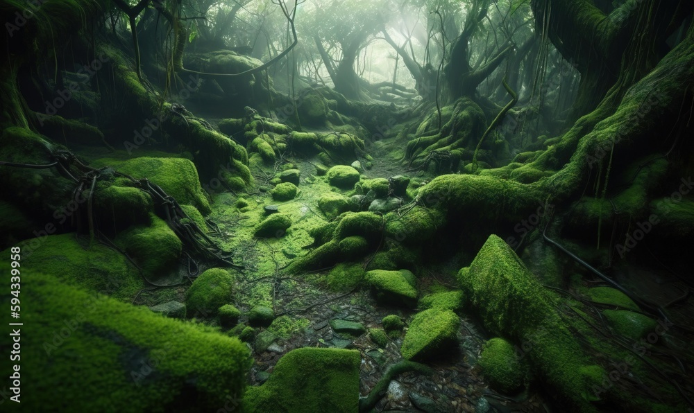  a mossy path in the middle of a forest filled with trees and rocks covered in green mossy rocks and