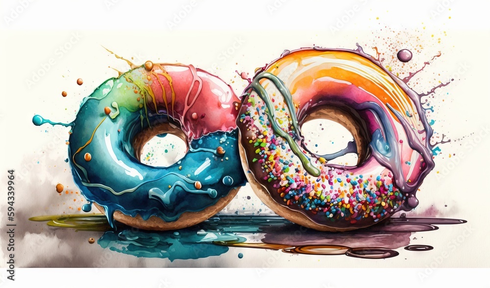  a painting of two doughnuts with sprinkles on top of each one and a splash of water on the bottom o