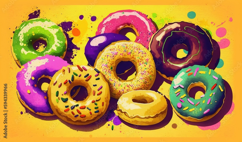  a painting of a bunch of doughnuts with sprinkles on a yellow background with a splash of paint on 