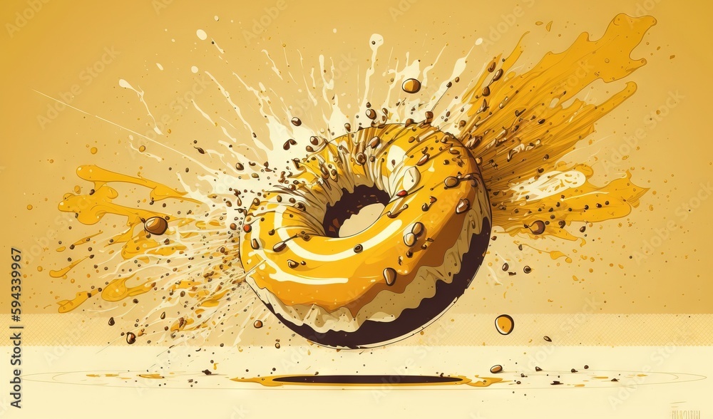  a donut with sprinkles and yellow paint splatters around it on a yellow background with a black pen