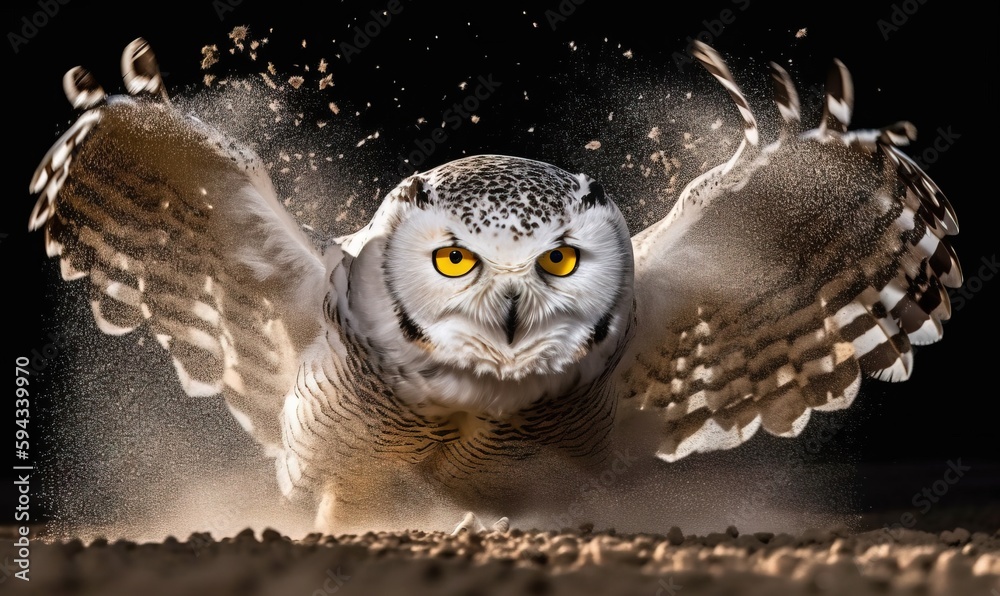  an owl with yellow eyes is in the air with its wings spread out and its eyes are open and its bod