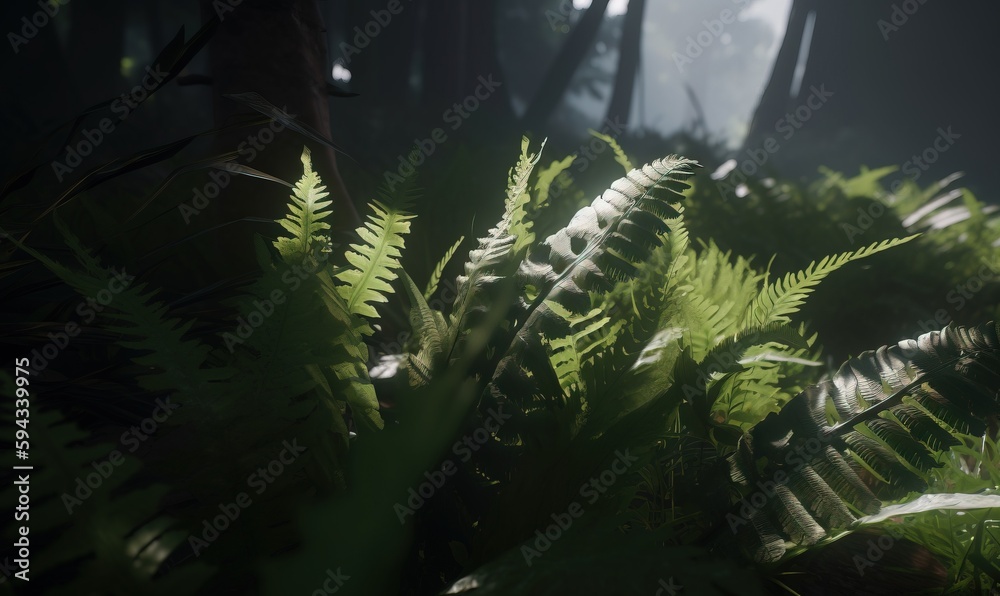  a bunch of green plants that are in the dark forest with sunlight coming through the trees and leav