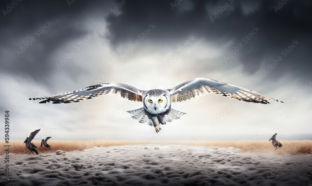  an owl is flying over a field with birds in the foreground and a dark sky in the background with cl