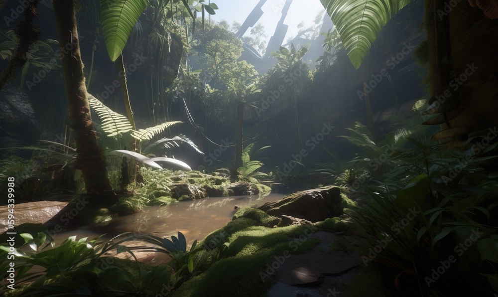  a stream running through a lush green forest filled with lots of plants and trees, with sunlight st