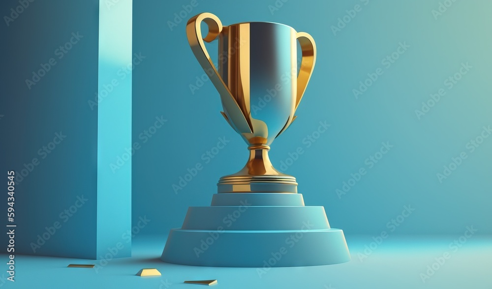  a gold trophy sitting on top of a blue pedestal next to a blue wall and a blue column with gold con