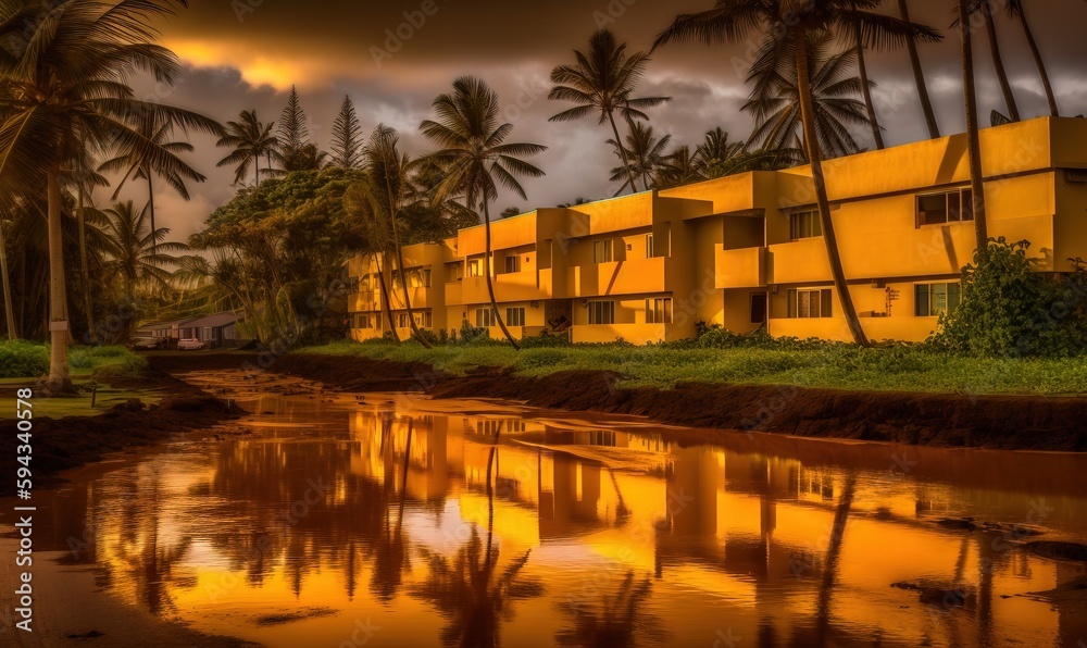  a yellow building with palm trees in the background and a body of water in the foreground with a re