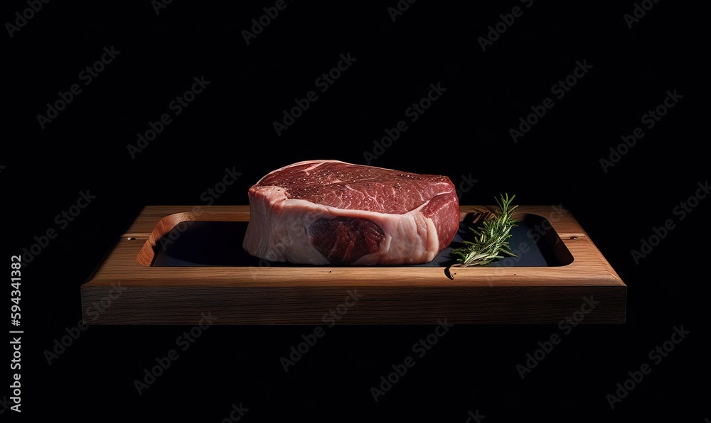  a piece of raw meat on a cutting board with a sprig of rosemary on top of the meat on the cutting b