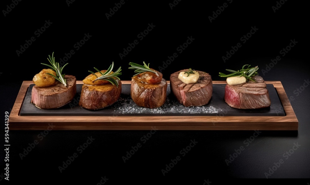  a wooden tray topped with different types of meat on top of a black surface with a wooden tray hold