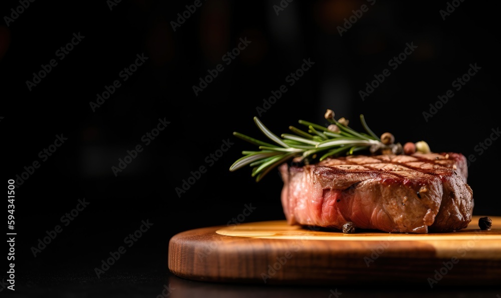  a piece of steak with a sprig of rosemary on top of it on a wooden plate on a black surface with a 