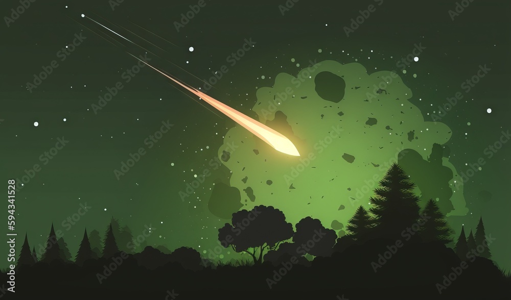  an illustration of a comet flying through the night sky with trees in the foreground and stars in t